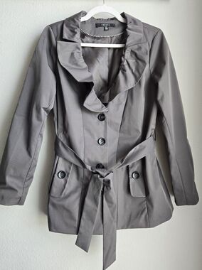Sandro Studio's Gray Ruffled Single Breasted Trench Coat, Sz Medium